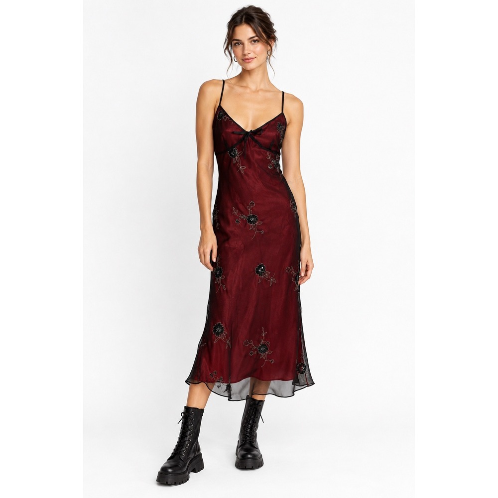 Le Chateau Slip Dress Women 11/12 Red Black Sequin Floral Mesh  Goth Romantic